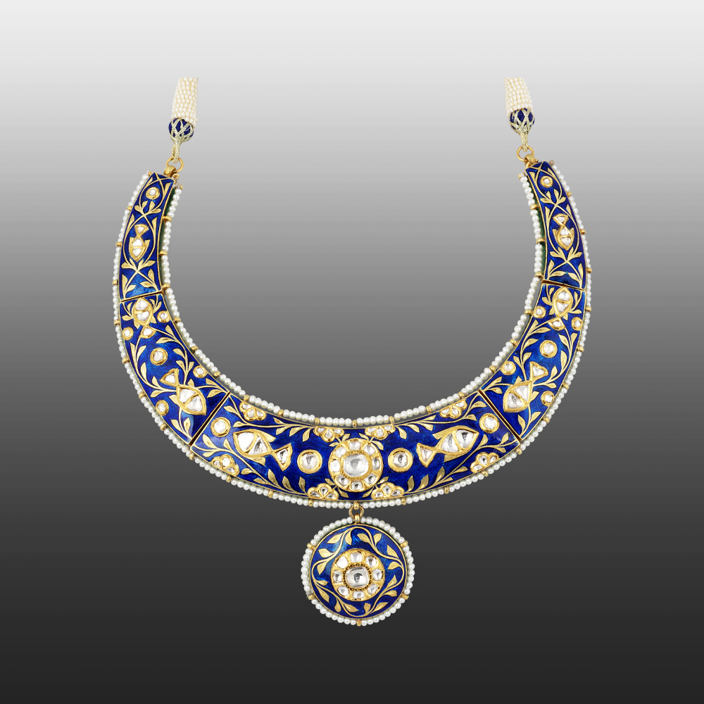 Indigo Enamel Hasli Necklace with Polki and Pearl Detailing